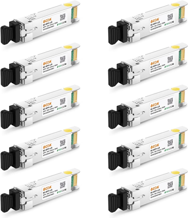 6COM 10Pack 10GBase-LR SFP+ Transceiver, 10G Dual LC Single Mode Module for Cisco SFP-10G-LR, Meraki MA-SFP-10GB-LR, Ubiquiti UF-SM-10G, Mikrotik, D-Link, Supermicro, Netgear and More (DDM, 1310nm, 10km) - Image 1